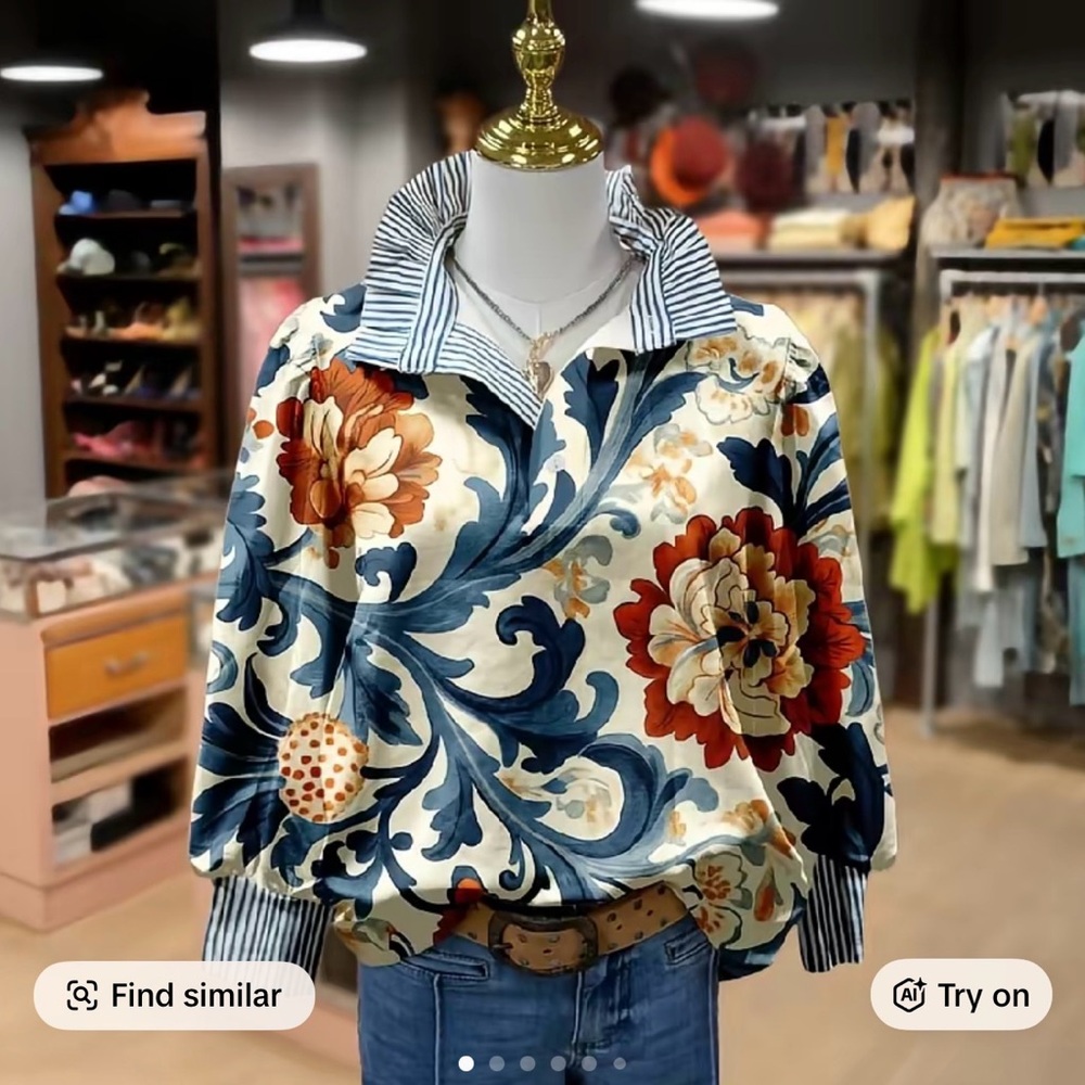 Floral Print Long-Sleeve Blouse in Blue and Fall Orange